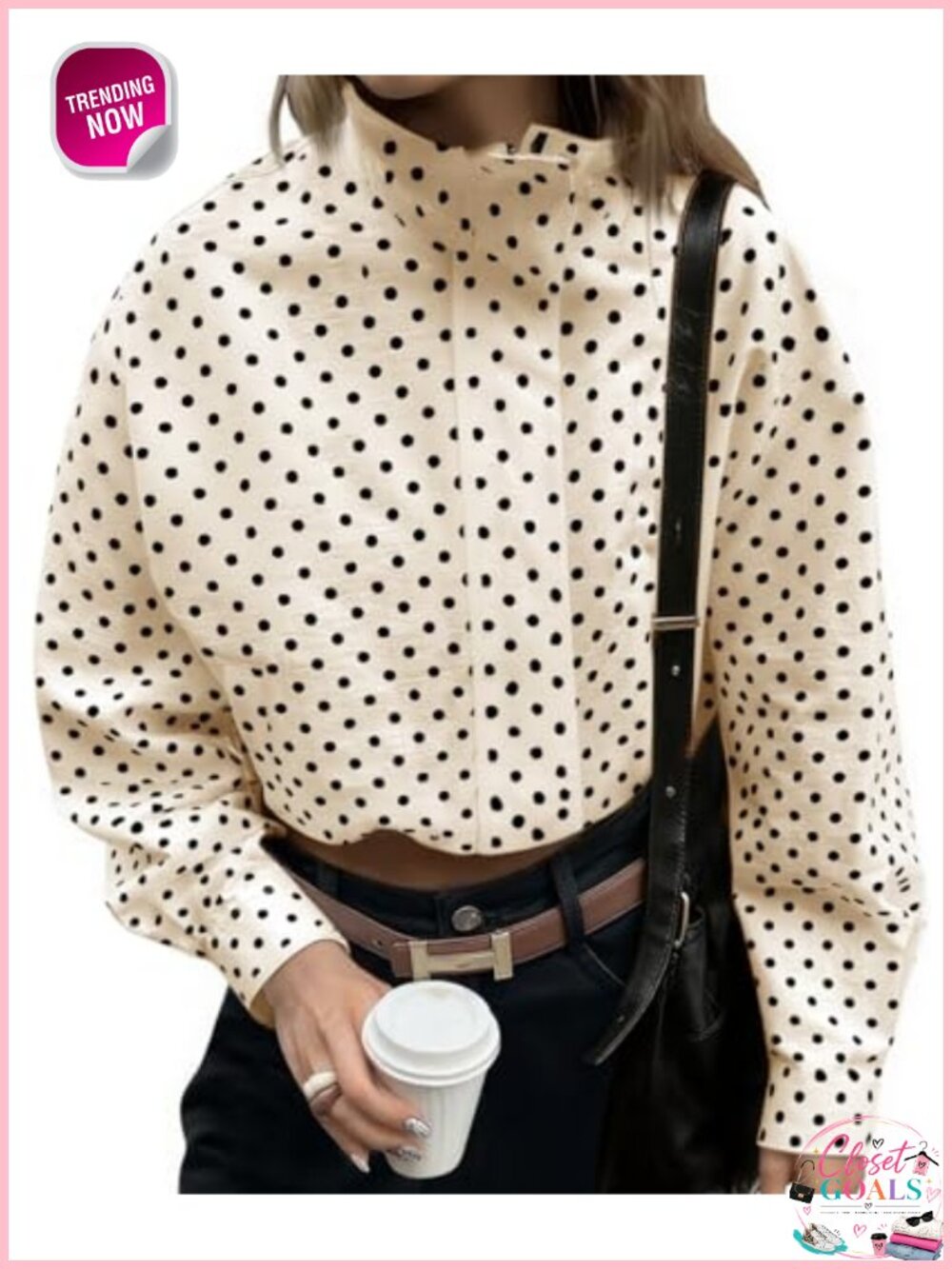 Womens Polka Dot Zip Up Cropped Jacket Oversized Casual Streetwear